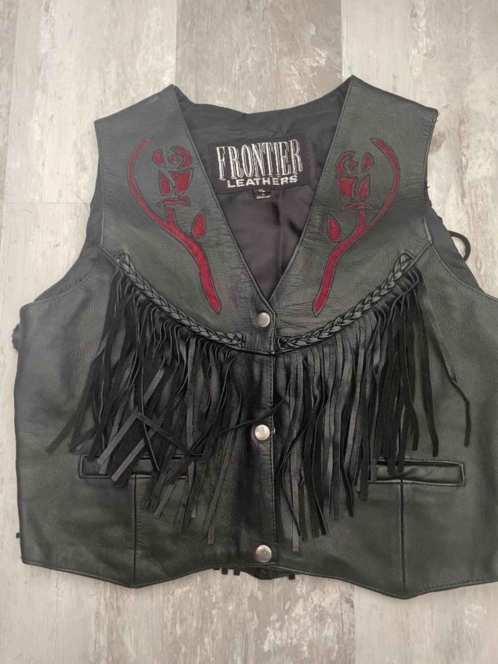 Frontier Leather Black Womens Vest with Red Roses Details Size XL